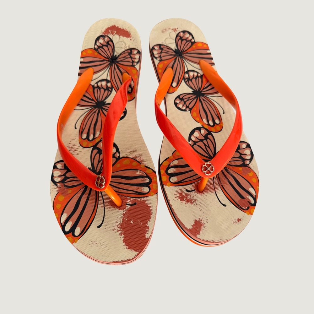Kate Spade New York Butterfly Print Flip Flops Orange Cream K7151 Womens 10B